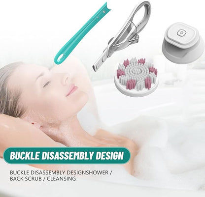 Longzhuo Electric Back Scrubber for Shower with 6 Brush Heads, Rechargeable Bath Brush, Electric Body Scrubber with Long Handle, for Cleanse, Massage, Exfoliate and Pamper Your Skin (Sapphire Blue)
