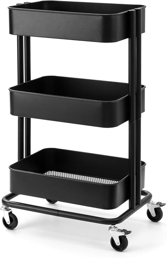 3 Tier Rolling Cart Metal Heavy Duty Utility Cart with Silent Caster Lockable Wheels Multi-Functional Organization Carts Storage Trolley with Mesh Shelves for Office Kitchen Living Room Black