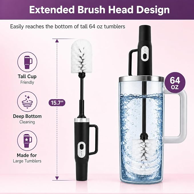 2 in 1 Electric Bottle Brush Set with Straw Cleaner - 14.5" Long Handle Cup Brush for Stanley 40oz Tumbler, 2-Speed Rotating Water Bottle Brush, 2000mAh Rechargeable, Portable Hook