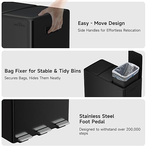 mVm 3 Compartment Trash Can, 12 Gal (3 x 4Gal) Triple Trash Can with Double Layer Lids, Modern Kitchen Office Garbage Can（Black）