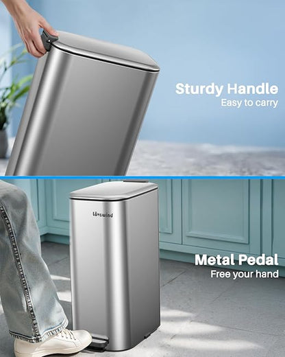 Lovewind Trash Can with Lid, 8 Gallon/30 L Footstep Garbage Can for Kitchen Bathroom Bedroom Home Office, 20 Liter Trash Bin Brushed Stainless Steel Waste Bin with Soft-Close Lid, Silver