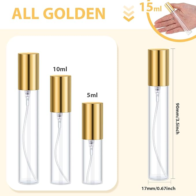 Yinder 25 Pcs 15 ml Glass Refillable Perfume Bottles Bulk Travel Empty Perfume Atomizer Sprayers Portable Spray Bottles Mini Sample Fragrance Containers, Gold