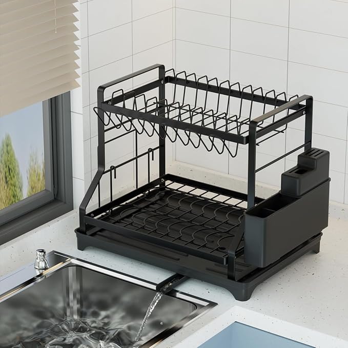 2-Tier Kitchen Dish Drying Rack with Drainboard, Black, Large Capacity Dish Rack with Cup Holder, Knife Block, Cutting Board Rack, 42x32.5x34cm