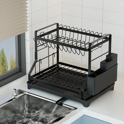 2-Tier Kitchen Dish Drying Rack with Drainboard, Black, Large Capacity Dish Rack with Cup Holder, Knife Block, Cutting Board Rack, 42x32.5x34cm