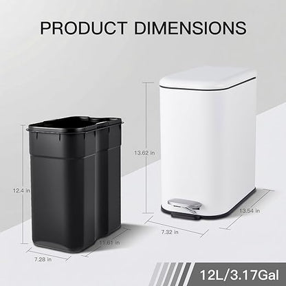 GlowSol Bathroom Trash Can with Lid, 3.2 Gallon 12 L Stainless Steel Step Trash Can with Removable Liner Bucket, Slim Small Wastebasket for Toilet Bedroom Office, White