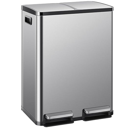 2×8 Gallon Kitchen Trash Can with Lid - Large Stainless Steel Garbage Can with Soft-Close Foot Pedal and Removable & Compartment PlasticInner Bucke, Trash Bin for Home, Bedroom, Office