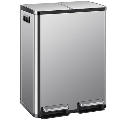2×8 Gallon Kitchen Trash Can with Lid - Large Stainless Steel Garbage Can with Soft-Close Foot Pedal and Removable & Compartment PlasticInner Bucke, Trash Bin for Home, Bedroom, Office