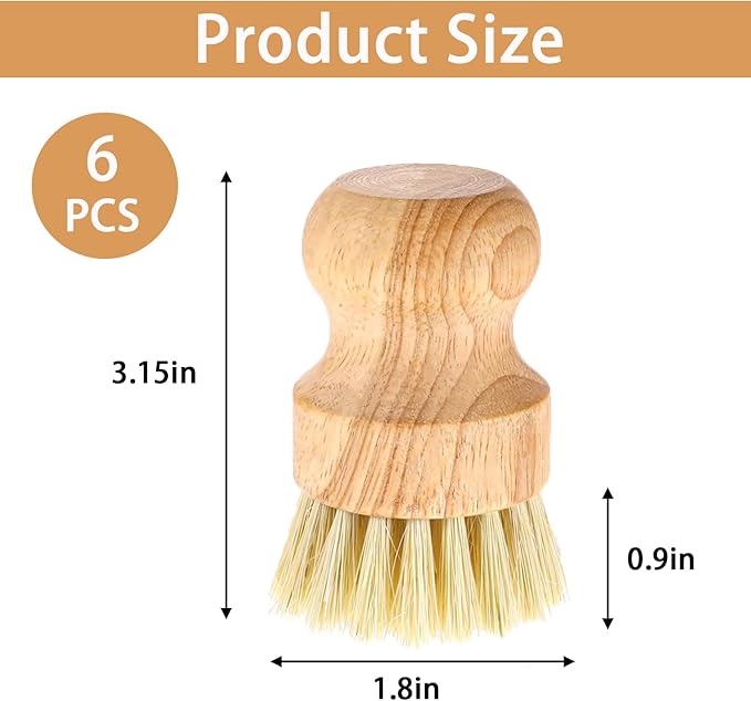 6 Pcs Bamboo Dish Scrub Brushes Wooden Scrubbers Set Kitchen Dishwashing Scrubber with Natural Sisal Bristles for Cast Iron Pots, Pans, Kitchen Sink and Vegetable
