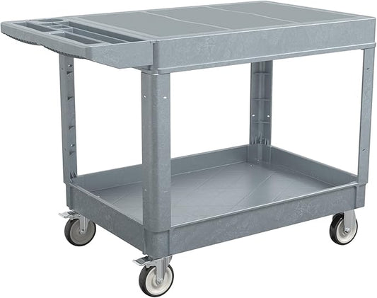 2 Tier Rolling Utility Cart on Wheels, 550 lbs Capacity Flat Top Plastic Tool Cart with Lipped Shelves, 46 x 26-Inch Heavy Duty Work Cart for Warehouse, Garage, Cleaning, Gray