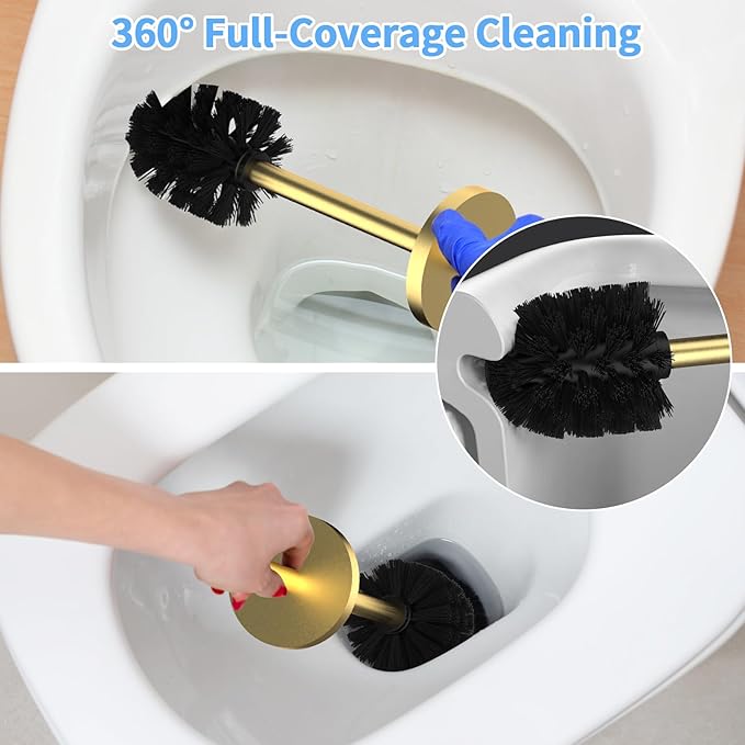 Stainless Steel Toilet Brush and Holder Set Brushed Silver Heavy Duty Toilet Bowl Brush with Long Handle for Bathroom and Farmhouse (Gold)