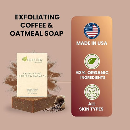 Aspen Kay Naturals Coffee & Oatmeal Exfoliating Soap, Natural and Organic Coffee Scrub. With Organic Shea Butter & Pure Essential Oils. A Wonderful Oatmeal Soap, For Men & Women. (3 pack)