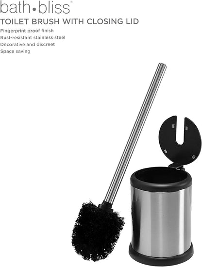 Bath Bliss Toilet Brush and Holder | Self Closing Lid | 360 Degree Brush Head | Bathroom Cleaning | Compact Size | Storage and Organization | Stainless Steel