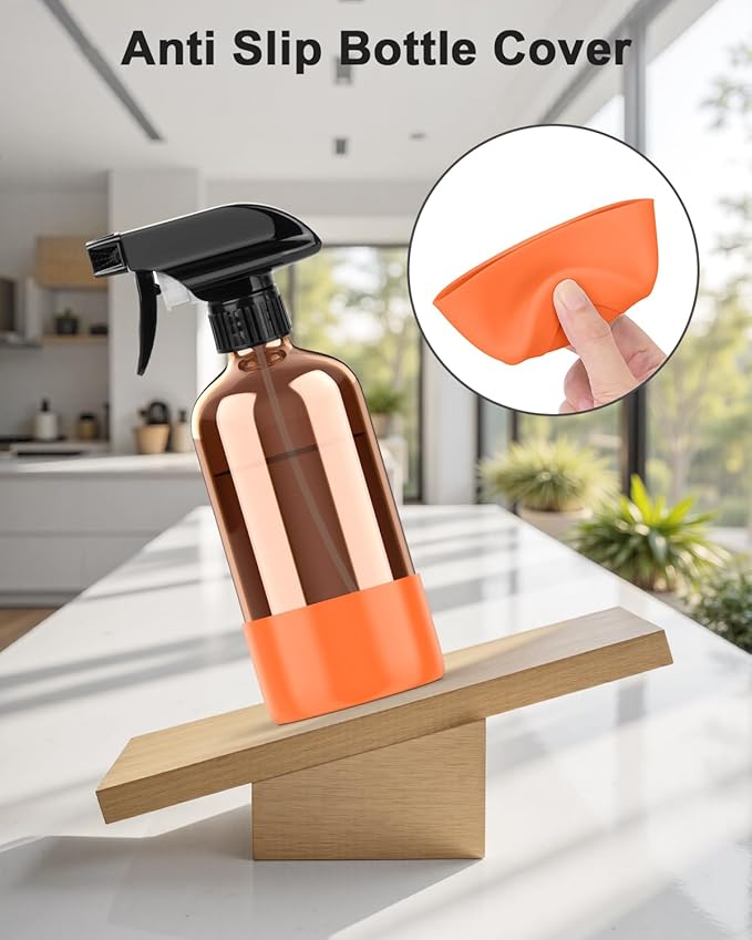 Bontip Amber Glass Spray Bottle with Silicone Sleeve Protection, 16 oz Refillable Spray Bottles for Cleaning Solutions, Plants, Aromatherapy, Facial Hydration (1, Orange, 16 oz)