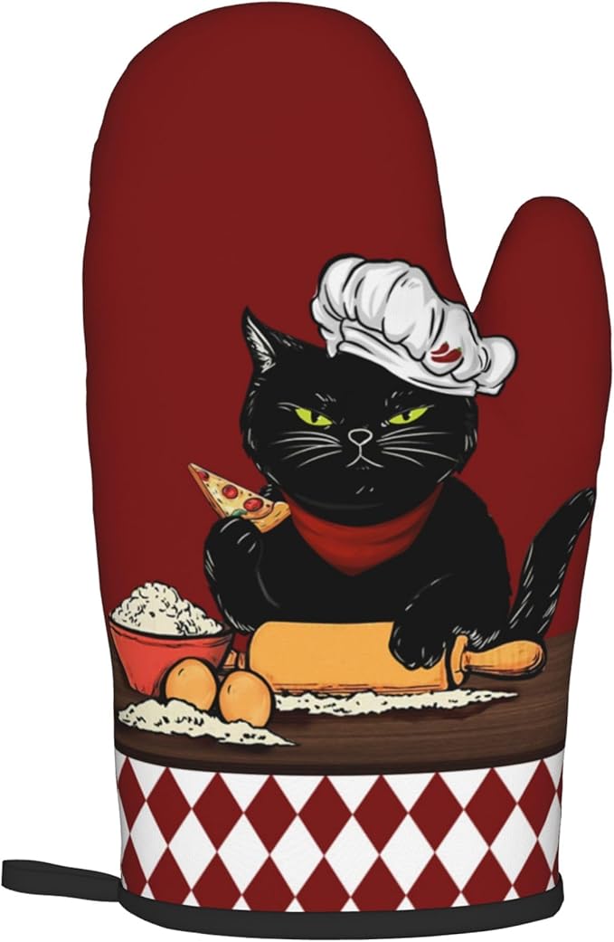 Cat Pot Holders and Oven Mitts - Red Cooking Gloves Hot Pads for Kitchen Fun Chef Gifts for Cooking Lover Cooks