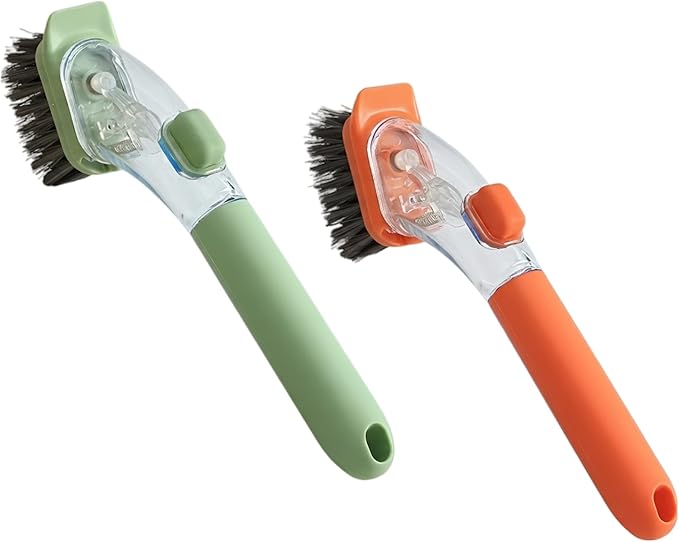 Green Orange Soap Dispensing Dish Brush 2 Pcs, Long Handle Kitchen Scrub Tool with Soft Dense Bristles, Transparent Body, Press Button for Liquid Control, Powerful Cleaning