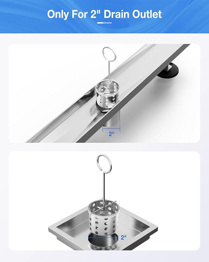 Shower Drain Strainer with Drain Key Lifting Hook,304 Stainless Steel Hair and Debris Catcher Suitable for Square/Linear Shower Drain Outlet with a 2" Diameter, Floor Drain Hair Trap