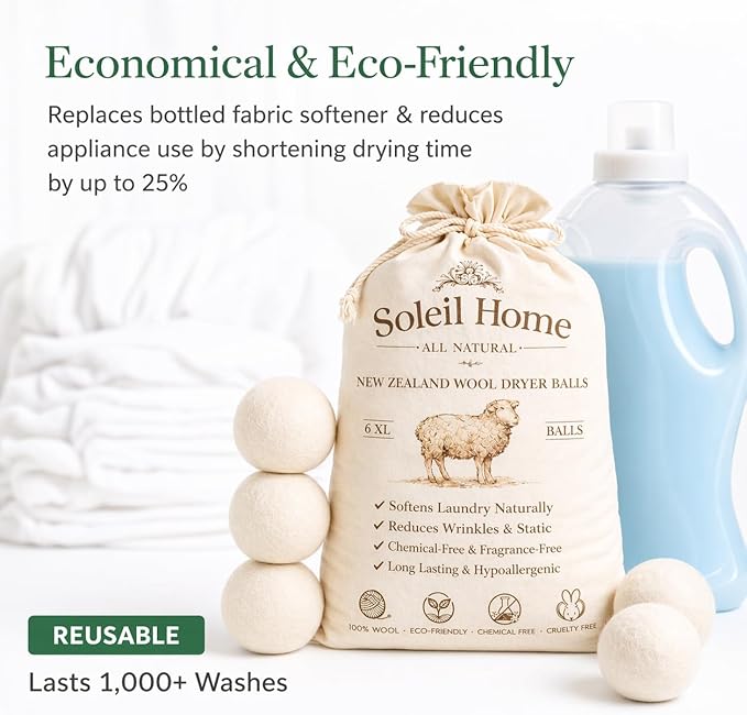 Wool Dryer Balls XL 6-Pack – 100% New Zealand Wool Laundry Balls – Natural Fabric Softener Alternative to Dryer Sheets – Reduces Static, Wrinkles & Drying Time – Reusable