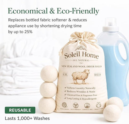Wool Dryer Balls XL 6-Pack – 100% New Zealand Wool Laundry Balls – Natural Fabric Softener Alternative to Dryer Sheets – Reduces Static, Wrinkles & Drying Time – Reusable