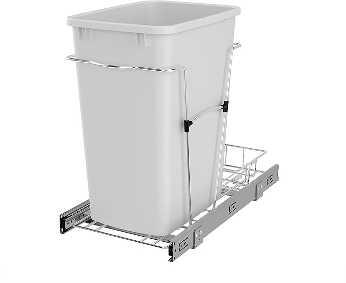 Rev-A-Shelf Single 35 Qt Pullout Trash Can for Base Kitchen Cabinets, Garbage Waste Bin System with Full Extension Slides, Min Opening Width of 11.5", White/Chrome, RV-12KD-11C