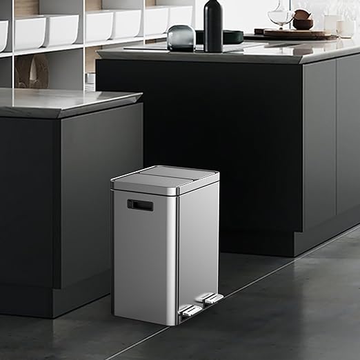 2 x 5.3 Gallon Kitchen Trash Can, Dual Compartment Garbage Can, Stainless Steel Rubbish Bin with Soft-Close Lid and Removable Inner Wastebasket for Kitchen, Home Office