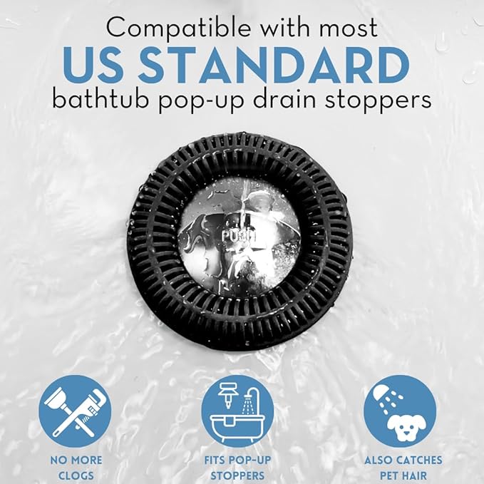 Hair Catcher for Shower Drain & Bathtub – TubRing Pop-Up Drain Protector & Strainer, Reusable Silicone Stopper for Bathroom Clog Prevention, Fits 1.85"–2.16" Drains | Black
