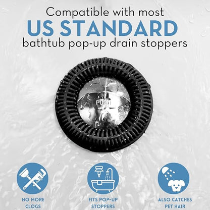 Hair Catcher for Shower Drain & Bathtub – TubRing Pop-Up Drain Protector & Strainer, Reusable Silicone Stopper for Bathroom Clog Prevention, Fits 1.85"–2.16" Drains | Black