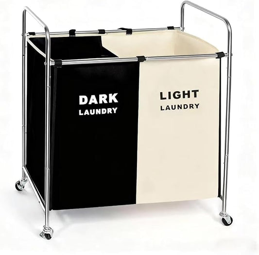 Double Compartment Rolling Laundry Sorter Cart with Wheels, Dark and Light Separation Hamper, Chrome Frame, Mobile Clothes Storage Organizer(Black+white, 2 Sections)