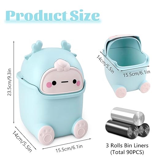 Cute Desktop Trash Can Wastebasket with 90 Trash Bags, Creative Tiny Countertop Garbage Can with Flip Lid, Small Plastic Storage Bin for Bedroom, Bathroom, Kitchen, Office(Sky Blue)