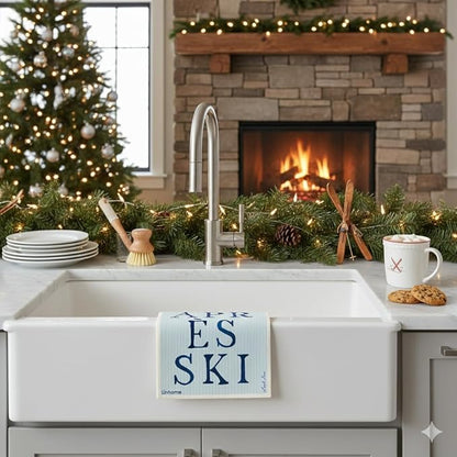Christmas Holiday Ski Collection Swedish Dishcloth, Reusable Paper Towel, Super Absorbent Cellulose Sponge, Washable Kitchen Cleaning Cloth (Apres Ski - 1 Pack)