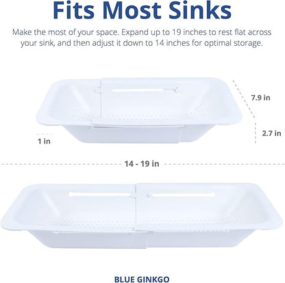 BLUE GINKGO Over the Sink Colander Strainer Basket - Wash Vegetables and Fruits, Drain Cooked Pasta and Dry Dishes - Extendable - New Home Kitchen Essentials (White, 2 Pack)