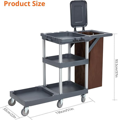 Commercial 3-Shelf Janitorial Cart with 2 Cabinets/Shelves, Commercial Traditional Wheeled Cleaning Cart with Cover and Oxford Bag, 300 Lb Capacity, Suitable for Schools, Hotels, Apartments
