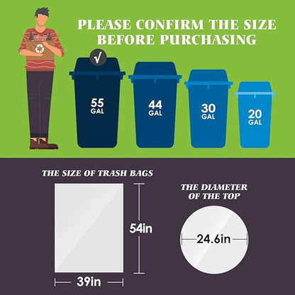 Teivio Large Clear Trash Bags 55-60 Gallon 20 Counts Fit 50,55,60,Gal All Purpose Garbage Bags, Extra Large Lawn and Leaf Bags Outdoor Trash Can Liner, Drum Liners, Workshops, Backyard