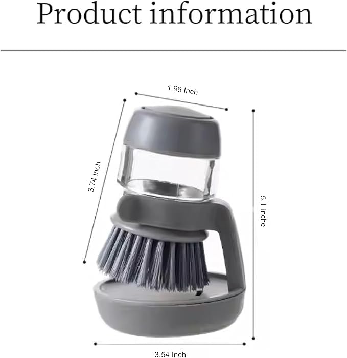 Soap Dispenser Palm Dish Brush with Storage Bracket – Drainage Base, Easy-to-Clean Kitchen Utensil Cleaner | Includes Extra Soft Bristle Brush Head (Gray)
