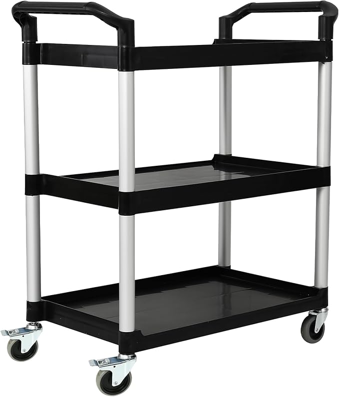 3-Tier Utility Rolling Cart with Wheels, Durable Catering carts with Wheels, Rolling Storage Cart for Hotel Canteen Resturant Office (Black, 31.4" D x 16.5" W x 37.7" H)