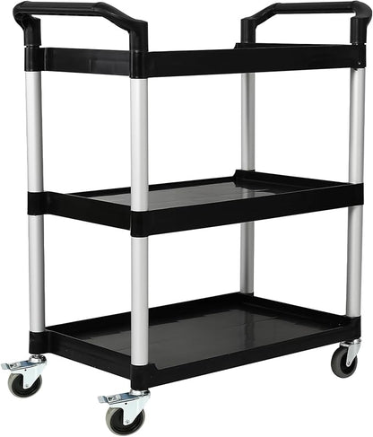 3-Tier Utility Rolling Cart with Wheels, Durable Catering carts with Wheels, Rolling Storage Cart for Hotel Canteen Resturant Office (Black, 31.4" D x 16.5" W x 37.7" H)