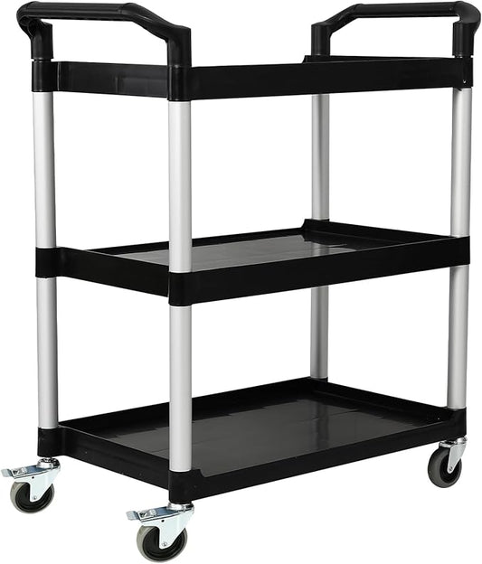 3-Tier Utility Rolling Cart with Wheels, Durable Catering carts with Wheels, Rolling Storage Cart for Hotel Canteen Resturant Office (Black, 31.4" D x 16.5" W x 37.7" H)