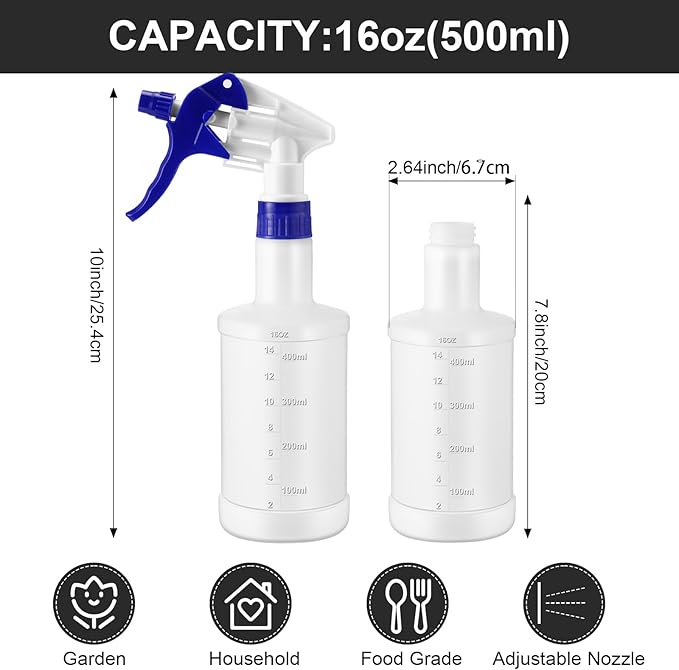 Eccliy 12 Pcs 16 Oz Plastic Spray Bottle, Adjustable Empty Reusable Sprayer for Cleaning, Planting, Water, Bathroom and Kitchen, BBQ, Commercial and Residential (Measurement,Multicolor)