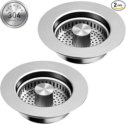 3 in 1 Kitchen Sink Drain Strainer [304 Stainless Steel Pop Up] Anti-Clogging Kitchen Sink Drain Stopper Stainless Steel Drainage Odor Filter Sink Plug for Us Standard 3-1/2 Inch (2 Pack)