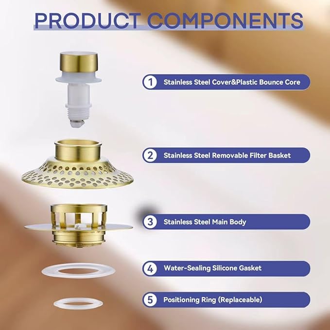 Universal Bathtub Drain Stopper with Removable Hair Catcher, 3-in-1 Pop-up Drain Plug Fits 1.38 to 2.1 Inch Holes, Upgrade Shower Drain Cover with Stainless Steel Filter