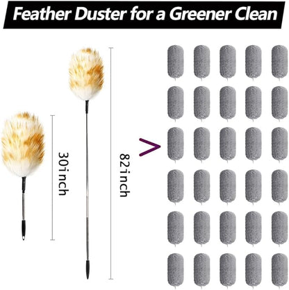 Extendable Lambswool Duster 82inch with Aluminium Alloy Handle, Natural Long Feather Duster for Cleaning Fans, Ceiling, Bookshelevs, for Home&Office