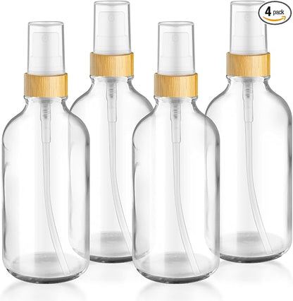 4-Pack 4 Oz Glass Spray Bottle with Bamboo Lid,Empty Refillable Fine Mist Atomizer,Leak-Proof Travel Liquid Holder Container for Cologne,Essential Oils,Room Sprays,Cleaning Solutions (Clear)