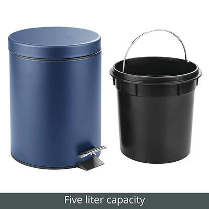 mDesign Pedal Bin — Metal Waste Bin with Pedal, Lid and Plastic Bucket Insert — for Bathroom, Kitchen, and Office — 5 Litre Household Rubbish Bin with Ergonomic Design — Blue