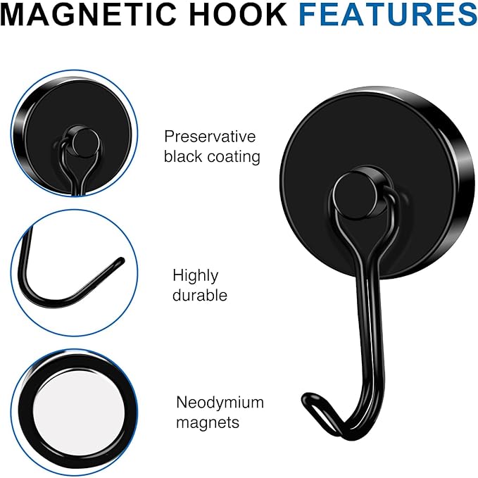 LOVIMAG Hooks, 120lbs+ Magnetic Magnet Hook 2025 Cruise Cabin Ship Essentials Heavy Duty Strong Refrigerator Fridge Hanging for Classroom Beach Vacation Kitchen Grills Home Mug Hanger (8 Pack), Black