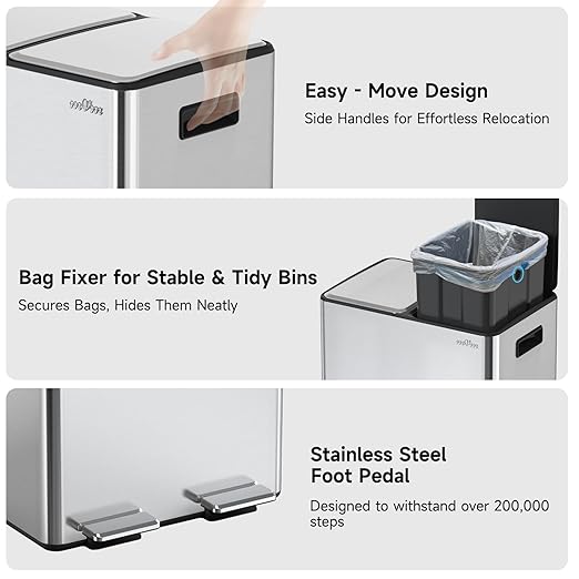 mVm Dual Trash Can, 10.6(2x5.3) Gal Kitchen Trash Can with Thick Lids, 2 Compartment Stainless Steel Recycle Bin for Home Kitchen Office (Silver)
