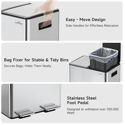 mVm Dual Trash Can, 10.6(2x5.3) Gal Kitchen Trash Can with Thick Lids, 2 Compartment Stainless Steel Recycle Bin for Home Kitchen Office (Silver)
