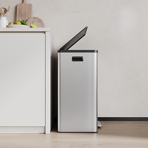 16 Gallon/60 L Dual Trash Can, Stainless Steel Garbage Can with Soft-Close Lid & Step Pedal, 2 x 8 Gallon Commercial Double Recycling Bin with 2 Removable Inner Buskets for Kitchen Office, Silver