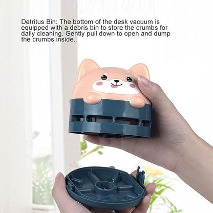 Mini Desktop Vacuum Cleaner, Cute Cartoon Desk Cleaner Strong Adsorption Table Vacuum with Detritus Bin for Cleaning Crumbs Dust (Blue)