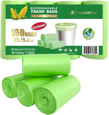 Biodegradable Trash Bags (Thickened), 5 Gallon / 20L | Unscented Strong Multipurpose Garbage Bags for Kitchen, Bathroom, Bedroom & Office, 160 Count | EnvoWise Compostable Bags
