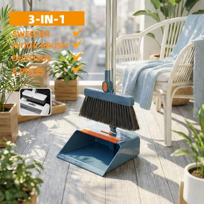 3in1 Broom and Dustpan Combo with Cleaning Teeth, Adjustable Long Handle, 180° Rotating Broom,Ideal for Pet Hair, Indoor Outdoor Heavy Duty Floor Sweeping (Blue)