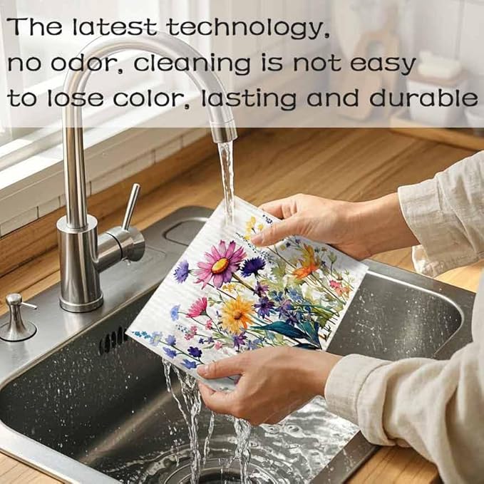 Swedish Dishcloths for Kitchen – 6 Pack Cellulose Reusable Cleaning Paper Towels – Soft, Quick-Drying, Washable Dish Rags for Kitchen, Counters & More (Flower)